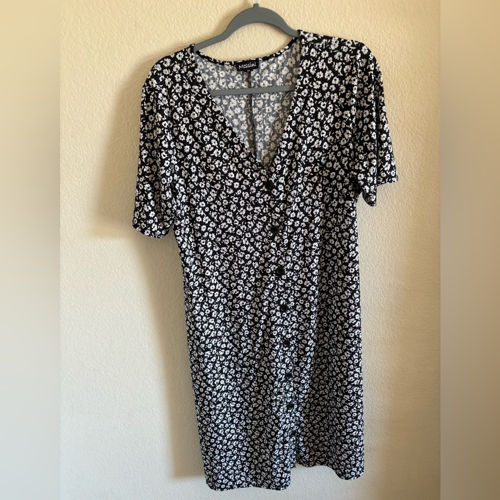 Floral Black and White Midi Dress XL Messini Short Sleeve